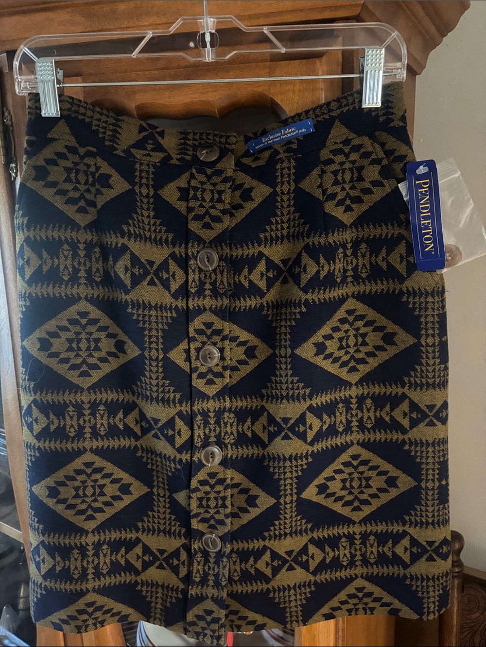 Pendleton Navy and Gold Geometric Button-Front Mini Skirt